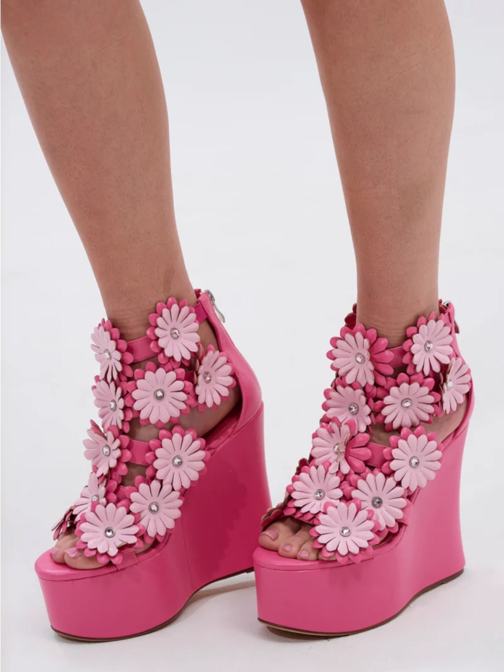 Bold Pink Floral Platform Wedge Sandals with Ankle Zip